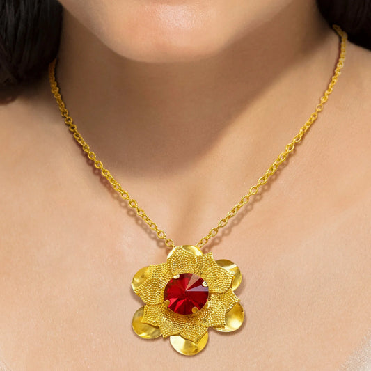 AUROZI Anti-Tarnish Ruby Flower Super Saver Pack Of GOLD Plated WAVY Necklace Set With Earrings, Bracelet & Rings
