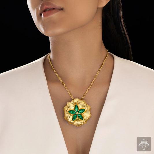AUROZI Anti-Tarnish Emerald Flower Super Saver Pack Of Necklace Set With Ring, Bracelet (Adjustable Size)