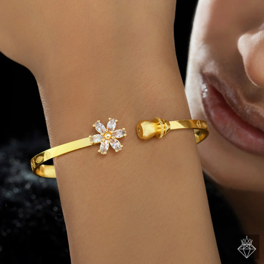 AUROZI Anti-Tarnish Crystal Flower Bangle Bracelet (Adjustable Size)