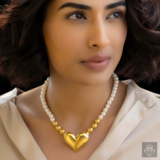 AUROZI Anti-Tarnish Golden Heart Super Saver Pack Of GOLD Plated WAVY Necklace Set With Bracelet & Rings